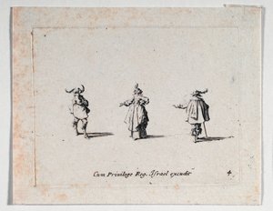 Una dama con la mano tesa e due cavalieri, da ... (incisione) da Jacques Callot