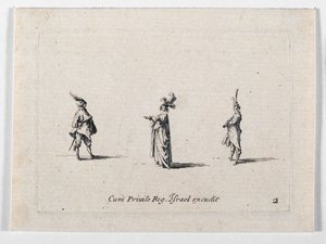 Una dama con cappello piumato e due cavalieri, da ... (incisione)