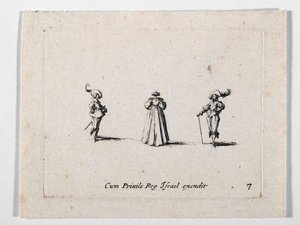 Una dama con abito riccamente pieghettato, vista di spalle, e due cavalieri, da Les Fantaisies de Noble J. Callot ... (incisione) da Jacques Callot