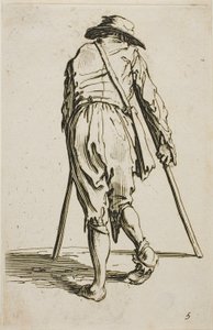 Mendicante con stampelle e cappello, visto di spalle, quinta tavola da I mendicanti da Jacques Callot