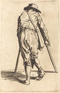 Mendicante con stampelle e cappello, vista posteriore