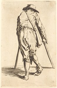 Mendicante con stampelle e cappello, vista posteriore
