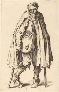 Mendicante con stampelle e sacco