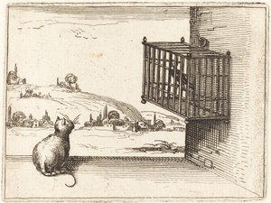 Gatto che osserva un uccello in gabbia da Jacques Callot