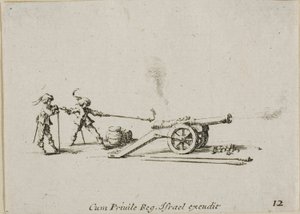 Sparare il cannone, tavola dodici da Gli esercizi militari da Jacques Callot