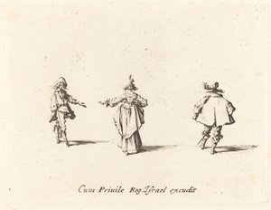 Signora con braccio teso vista da dietro e due gentiluomini da Jacques Callot