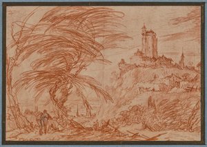 Paesaggio, a destra una grande torre su una collina, a sinistra un gruppo di alberi e alcune figure da Jacques Callot