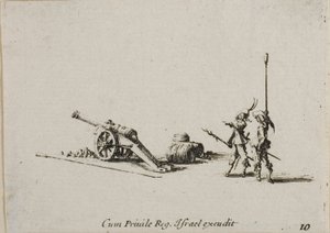Preparativi per Sparare il Canone, tavola dieci da Gli Esercizi Militari da Jacques Callot