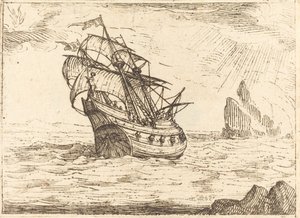 Nave che naviga vicino alle rocce da Jacques Callot