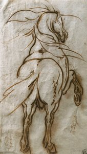 Studio di un cavallo impennato, con uno studio sussidiario dello stesso e una vista di una città da Jacques Callot