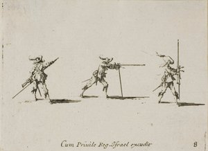 Prendere la posizione di tiro con il moschetto, tavola otto da Gli esercizi militari da Jacques Callot
