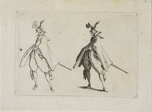 Il gentiluomo con un grande cappotto, visto di fronte, da I Capricci da Jacques Callot