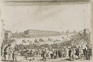 La corsa dei cavalli al Palazzo Pitti, a Firenze, da I Capricci da Jacques Callot