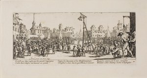 La tortura dello strappado, tavola dieci da Le miserie della guerra da Jacques Callot