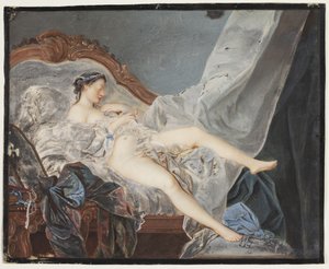 Una ragazza nuda, sdraiata sulla schiena su un divano tra grandi drappeggi da Jacques Charlier