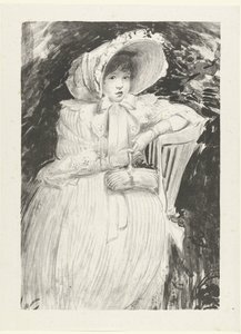 Ragazza seduta con cappello su sedia con cesto in grembo da Jacques Emile Blanche