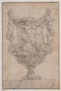 Vaso ornamentale con Pan, fauno e ninfa. Copia da Pl. 14 nella suite dei vasi disegnati da Saly nel 1746. "Vasa a se inventa..."