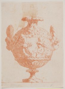 Vaso ornamentale con due teste e due putti. Copia dalla pl. 19 della suite dei vasi disegnati da Saly nel 1746. "Vasa a se inventa..."