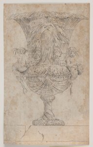Vaso ornamentale con due putti (sirene?). Copia da incisione (pl. 9) nella suite dei vasi disegnati da Saly nel 1746. "Vasa a se inventa..."