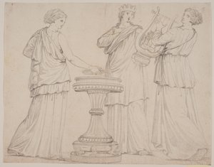 Tre donne in abiti greci presso un altare. La donna a sinistra con una tavoletta (?), al centro con una corona, a destra con una lira (terpsichore?) da Jacques Francois Joseph Saly