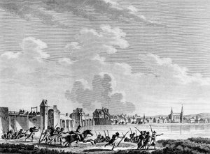 Rivoluzione Francese: Deroute de Passy (Pacy sur Eure) il 13 luglio 1793. Incisione di Berthaut dopo Swebach. Parigi, Biblioteca dell