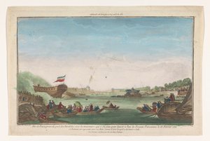 Veduta del Port des Invalides a Parigi con il varo della fregata parigina il 18 febbraio 1761 da Jacques Gabriel Huquier