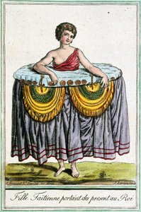 Giovane donna offre doni al re, Tahiti, Isole della Società, incisione da Enciclopedia dei viaggi, di Jacques Grasset de Saint-Sauveur da Jacques Grasset de Saint Sauveur