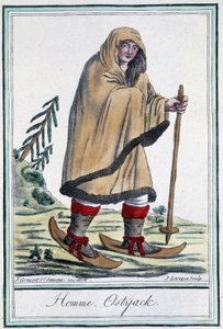 Uomo ostiaco sugli sci - in "Encyclopédie des voyages" di Grasset Saint Sauveur, ed. Parigi 1796 da Jacques Grasset de Saint Sauveur