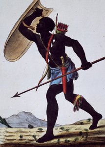 Guerriero Juida, Africa, incisione da Enciclopedia dei viaggi