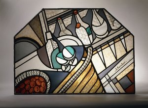 Pannello in vetro colorato Art Deco raffigurante un cocktail bar da Jacques Gruber