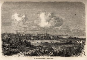 Veduta generale di Copenaghen, disegno di Jacques Guiaud, per illustrare il viaggio di J.M. Dargaud in Danimarca nel 1860. Incisione in "Le tour du monde" da Jacques Guiaud