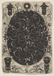 Astuccio ovale decorato con Schweifwerk in due varianti, circondato da motivi più piccoli, ca. 1614-19