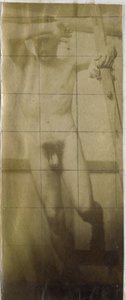 Studio di un modello maschile nudo, appeso in una struttura di legno, nell