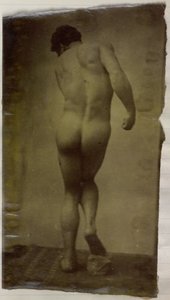 Studio di un modello maschile nudo, in piedi e visto di schiena, nell