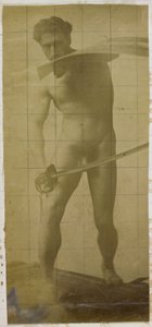 Studio di un modello maschile nudo, in piedi con spada e scudo in mano, nell