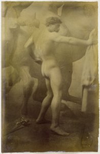 Studio di un modello maschile nudo, in piedi davanti a un murale monumentale di cavalli, nello studio di Jacques de Lalaing da Jacques Lalaing (attributed to)