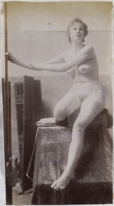 Studio di un modello femminile nudo, seduto e visto di fronte, nell