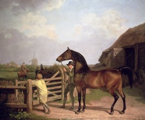 "Bay Ascham", uno stallone condotto attraverso un cancello verso una giumenta da Jacques Laurent Agasse