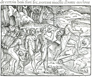 Indigeni indiani che accendono il fuoco dopo la caccia, inciso da Theodor de Bry (1525-75) da Jacques Le Moyne