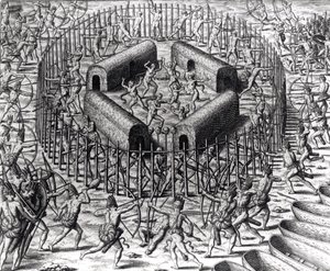Johannes Staden aiuta a difendere gli indiani che lo catturarono contro i Tuppin Tkins, inciso da Theodore de Bry (1528-98), da 