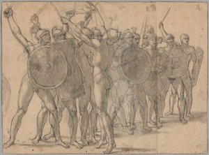 Soldati nudi che gesticolano con le loro armi (recto); Due studi di drappeggio per la figura di Tazio (verso) da Jacques Louis David