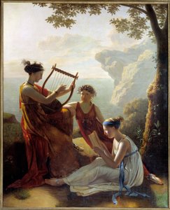 La poetessa greca Saffo suona la lira con due delle sue compagne da Jacques Louis Michel Grandin