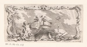Vignetta con due putti con mappa, globo e strumenti di misurazione da Jacques Philippe Le Bas