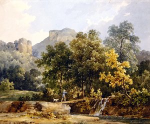 Cacciatore che attraversa un ponte su un fiume