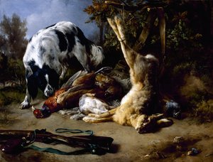 Spaniel con una natura morta di selvaggina morta