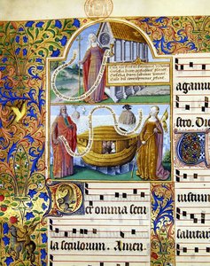 Miniature che raffigurano una rappresentazione allegorica della Chiesa e sotto Mosè che tiene le tavole della Legge con l