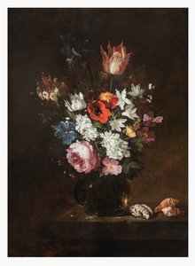 Una rosa, tulipano, iris, papaveri, caprifoglio e altri fiori in un vaso di vetro con conchiglie su un ripiano da Jacques de Claeuw