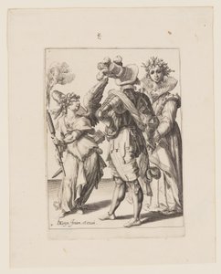 Un Cupido bendato che tiene una torcia davanti a una coppia, da Le mascherate da Jacques de Gheyn II