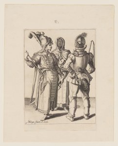 Un Granduca in abito orientale, un uomo con un cazzo attaccato alla cintura e una donna velata che suona la pentola, da Le mascherate da Jacques de Gheyn II
