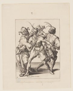 Tre mummers danzanti con un giullare, da Le mascherate